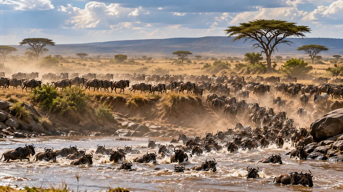 AI illustration of a wildebeest and zebra river crossing; not a guaranteed sighting.